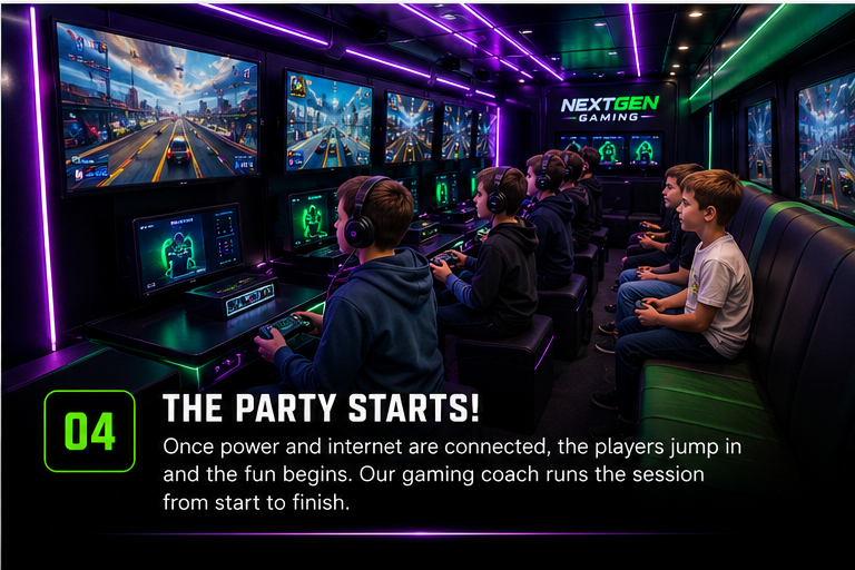 Children gaming inside the illuminated NextGen Gaming van
